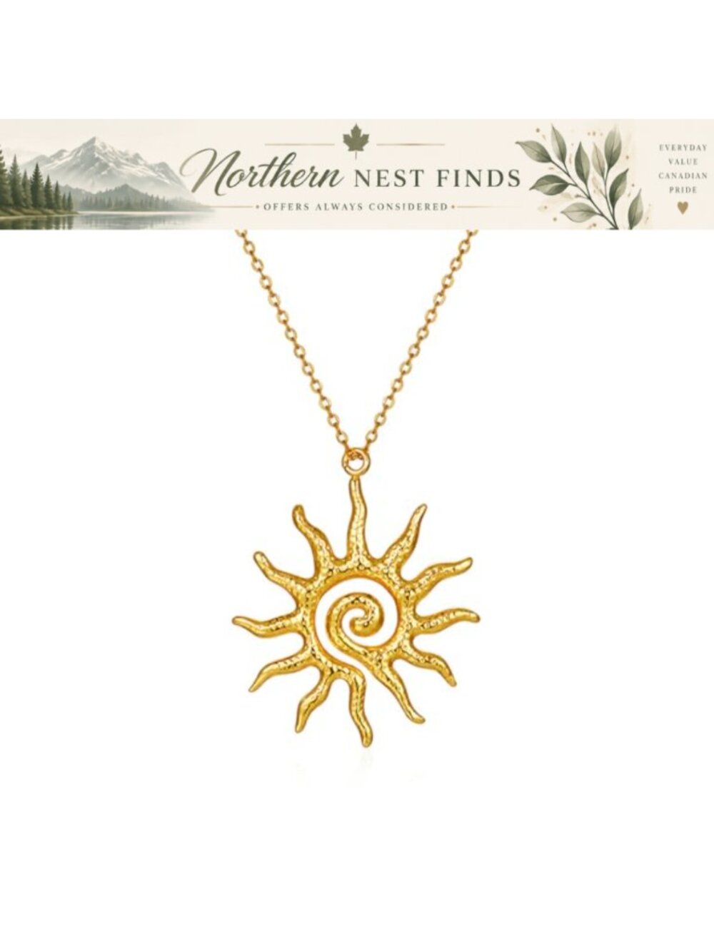 Boho Spiral Sun Pendant Necklace Stainless Steel Adjustable Chain